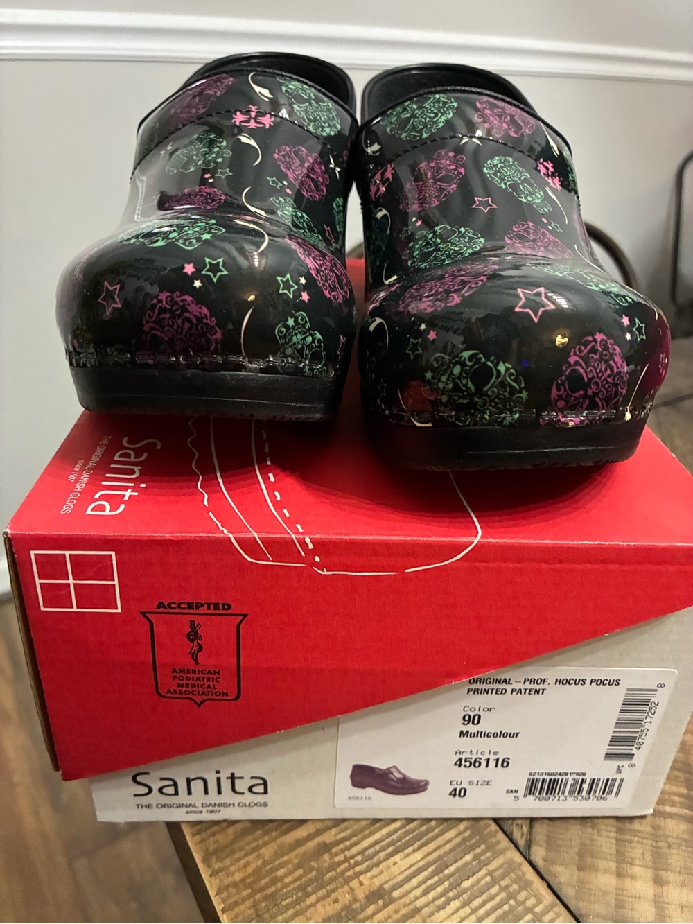 Sanita Clogs with Pink & Green Skulls with Star and Moon Print